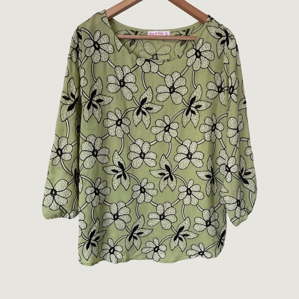 Ana & Rose Sage Green Floral Embroidered Blouse 3/4 Sleeve XL Cottagecore Boho